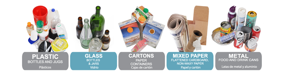 What you can recycle: Plastic, Glass, Cartons, Mixed Paper, Metal